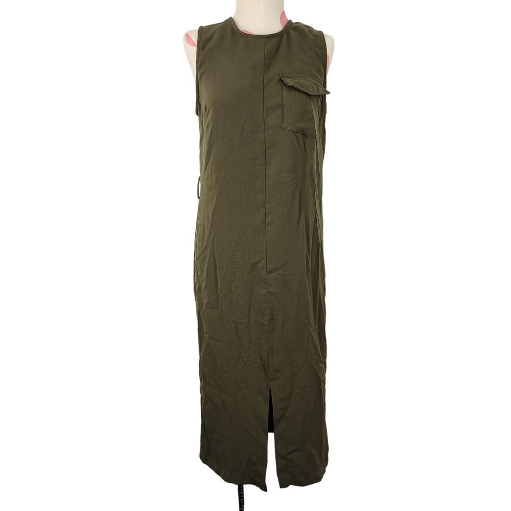 Women's Who What Wear Olive Green Pocket Sleeveless XS Split Front Dress Mid